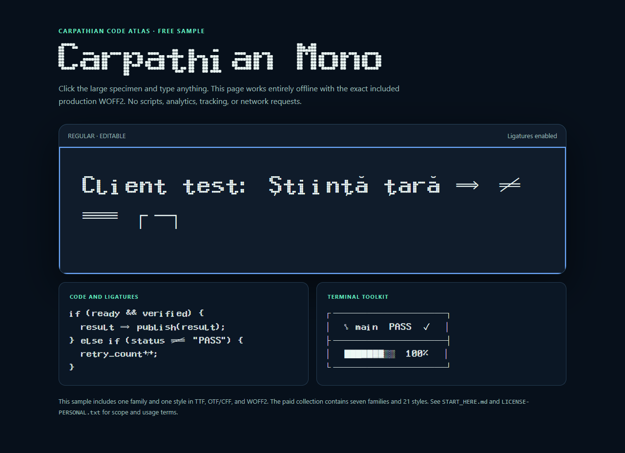 Actual offline tester included in the free Carpathian Mono sample